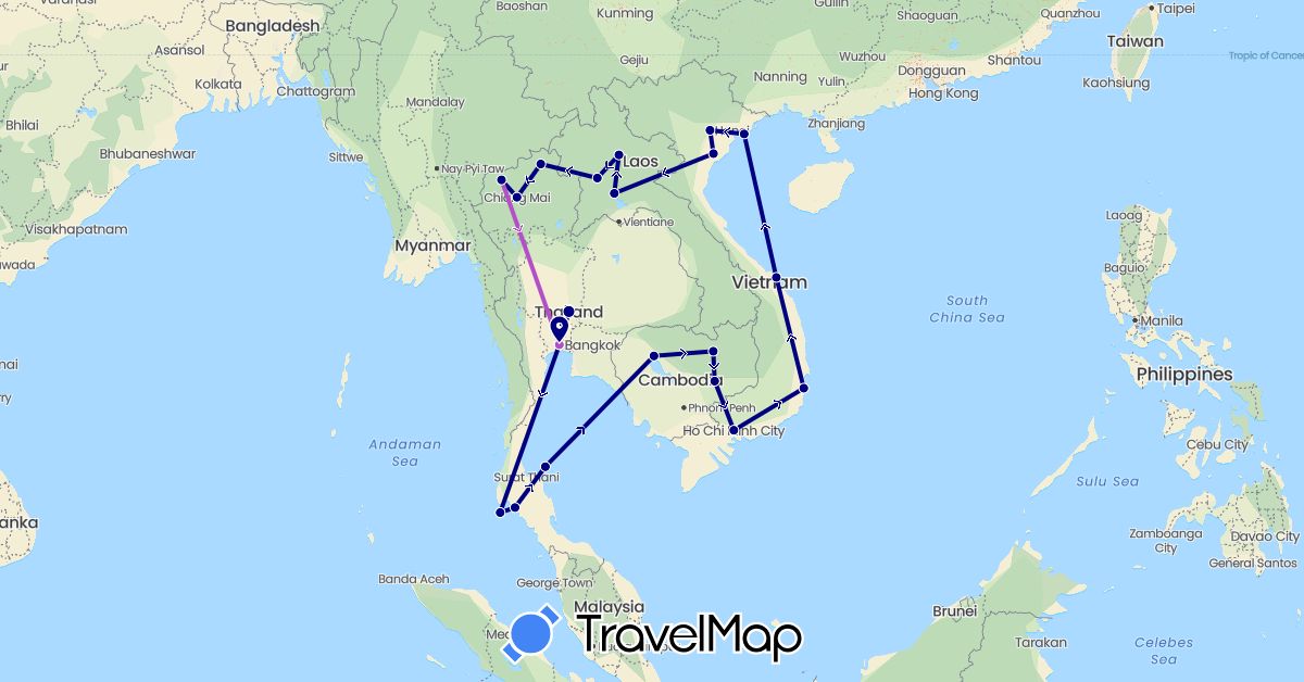 TravelMap itinerary: driving, train in Cambodia, Laos, Thailand, Vietnam (Asia)